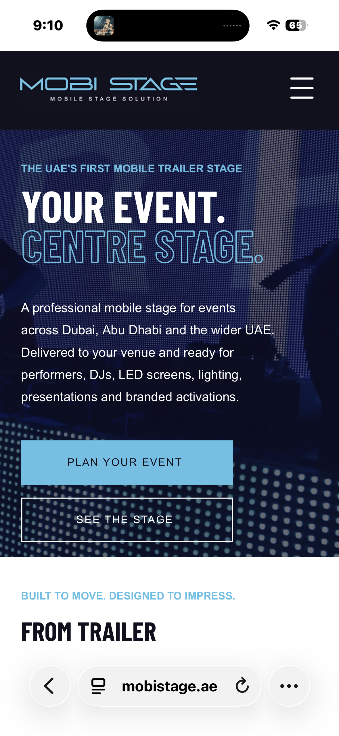 MobiStage homepage on a mobile phone