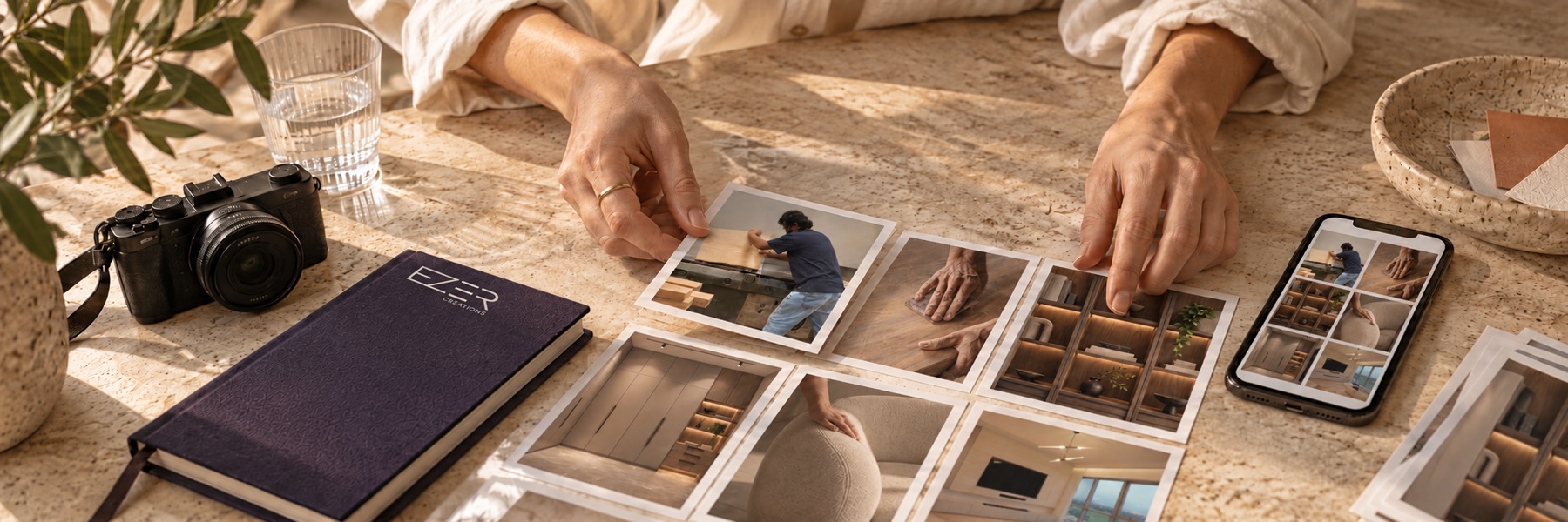 Illustrative content planning scene using EZER Creations carpentry and furniture imagery