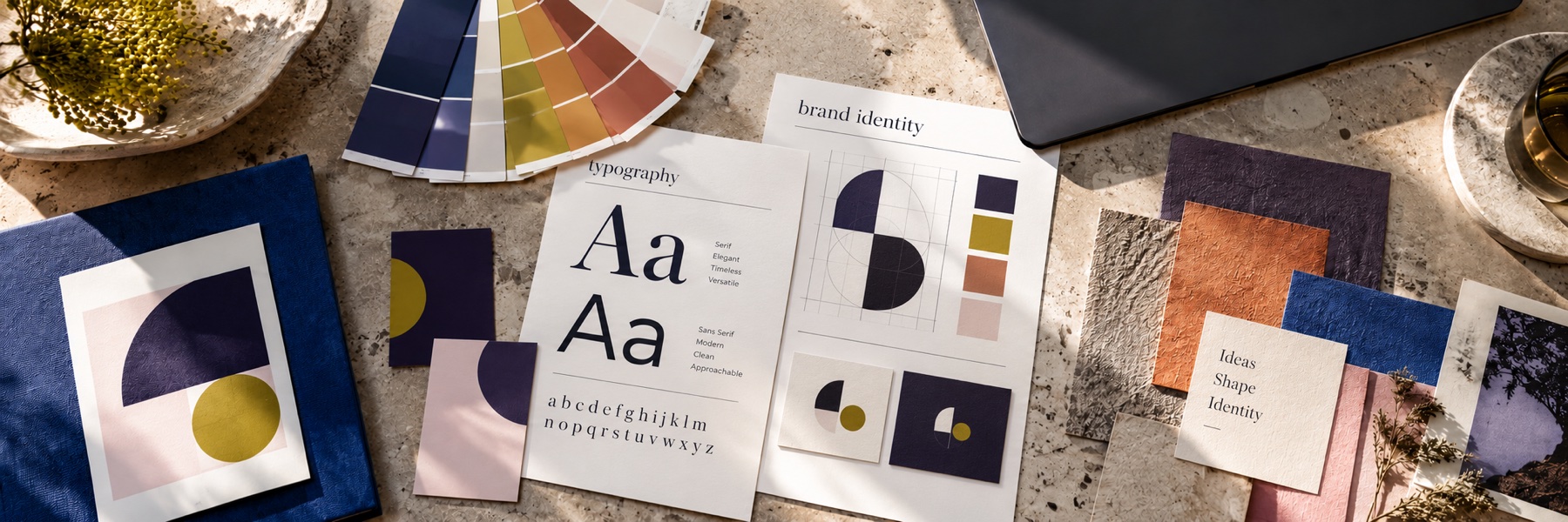 Illustrative brand identity workspace with serif and sans serif typography specimens, logo construction, colour palettes and printed identity cards